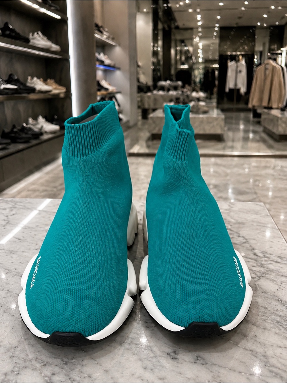 Balenciaga Men's Teal Knit Sock Sneaker with White Sole - Picture 3 of 6
